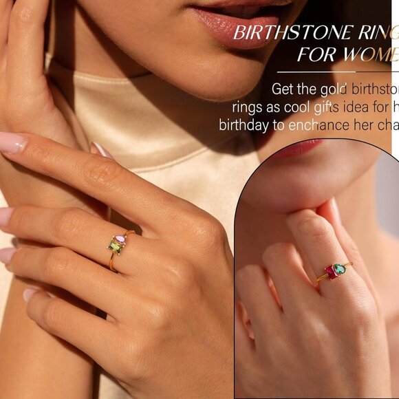 Birthstone Rings for Women Non Tarnish Gold Rings Birthday Gifts for Teen Girls - Picture 2 of 7